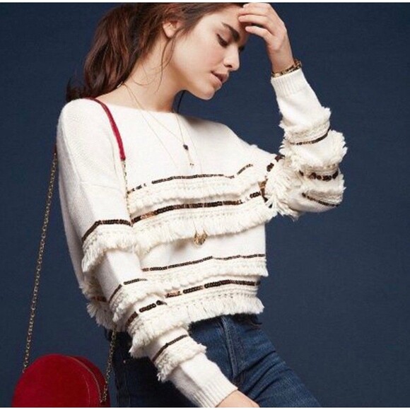 NWOT Sezane Marley Sweater Wool Alpaca Fringe Sequin Cream Ivory White Sz S - Picture 10 of 11